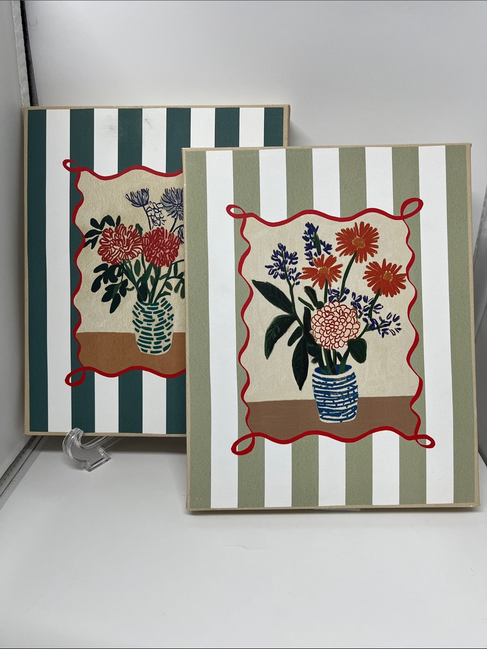 Striped Floral Canvas Wall Art - Green & Teal 8x10” SET OF 2